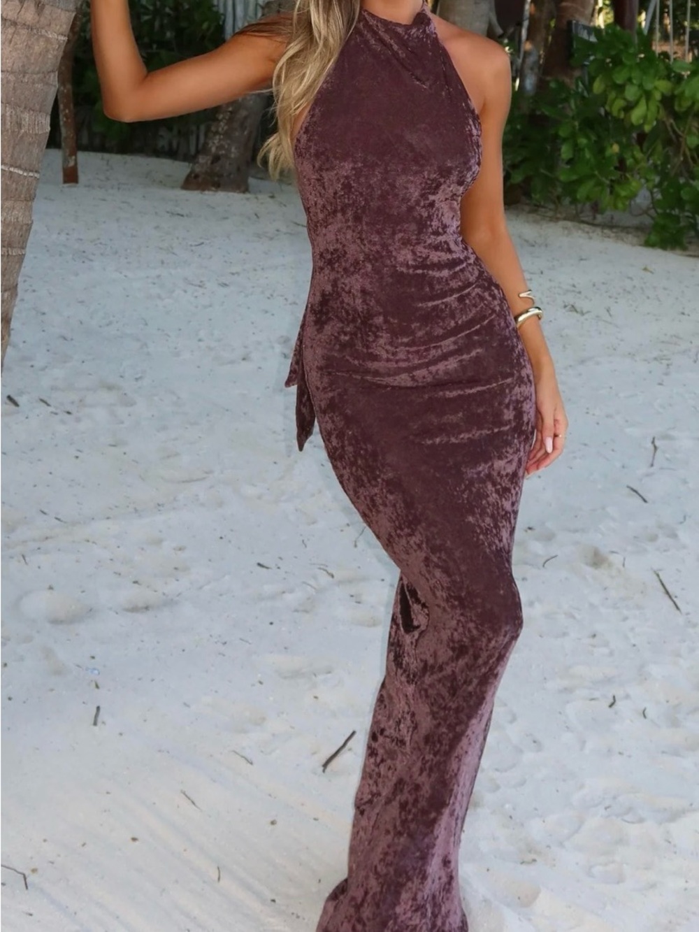 Crushed Velvet Halter Maxi Dress in Plum